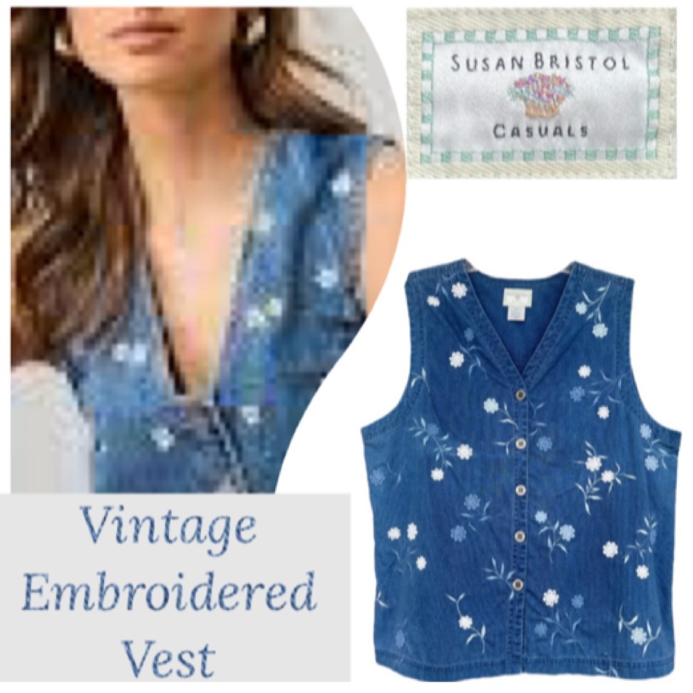 Vintage Vest Susan Bristol Embroidered Floral Lace Blue Denim Flowers Size Large